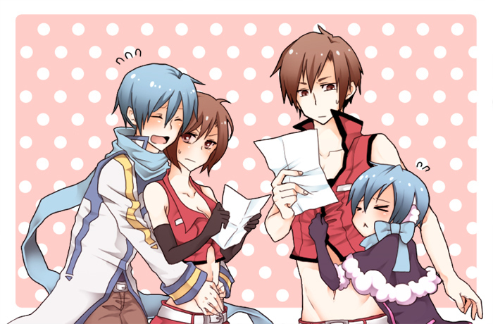 >_<, 2boys, 2girls, bad_id, bad_pixiv_id, blue_eyes, blue_hair, blue_scarf