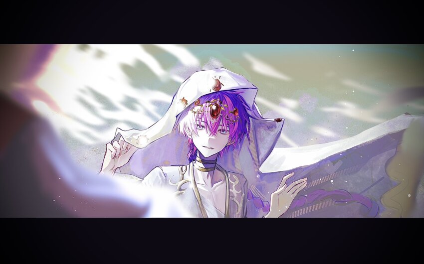 1boy, akegarasuayu, akuma_shitsuji_to_kuroi_neko, bandaged_chest, black_background, blue_eyes, braid, choker, circlet, highres, lato_bacca, long_hair, looking_at_viewer, male_focus, pink_hair, sky, smile, solo, teeth, veil