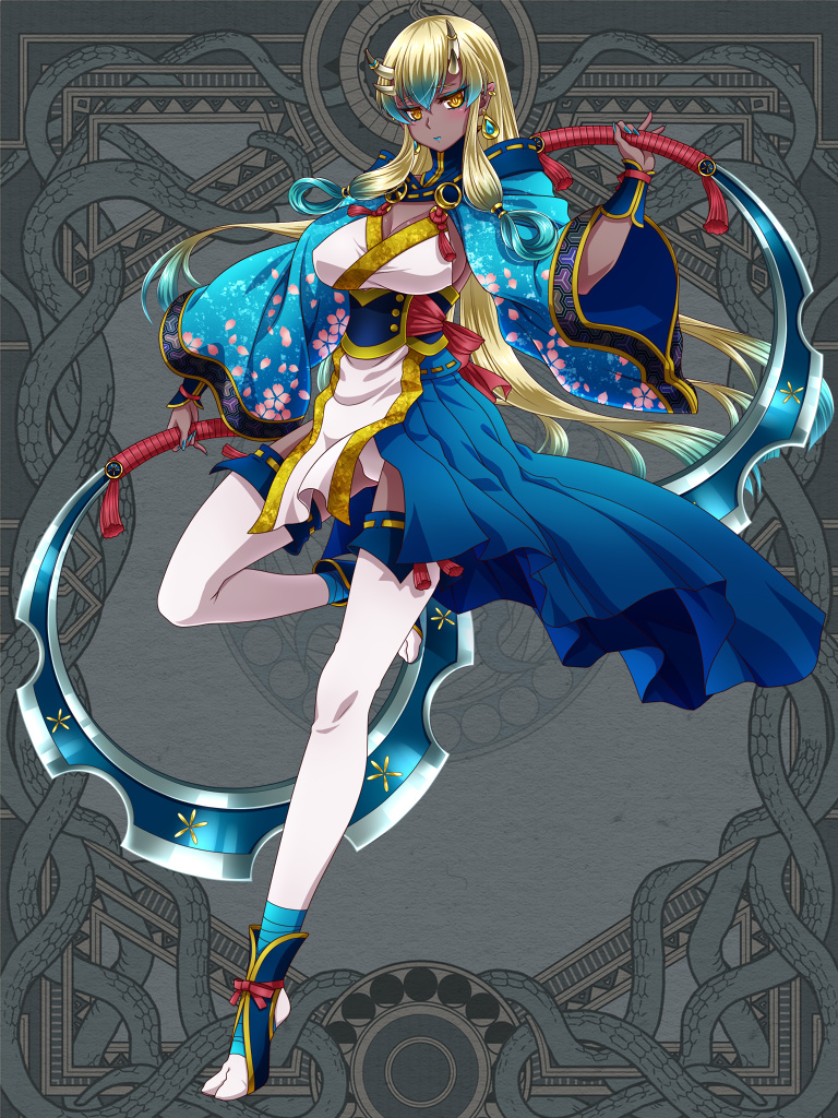 1girl, blonde_hair, blue_hair, blue_lips, blue_nails, breasts, cleavage, dairoku_ryouhei