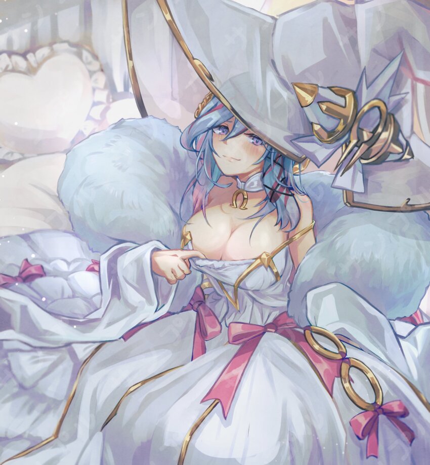 1girl, bare_shoulders, blue_eyes, blue_hair, breasts, cleavage, clothes_pull, detached_sleeves, dress, dress_pull, duel_monster, fur_scarf, gradient_hair, hat, heart, heart-shaped_pillow, highres, horseshoe, large_breasts, long_sleeves, multicolored_hair, pillow, pipu_012, purple_eyes, purple_hair, rilliona_(yu-gi-oh!), rilliona_the_wondrous_magistus_witch_wardrobe, smug, solo, streaked_hair, white_dress, witch_hat, yu-gi-oh!