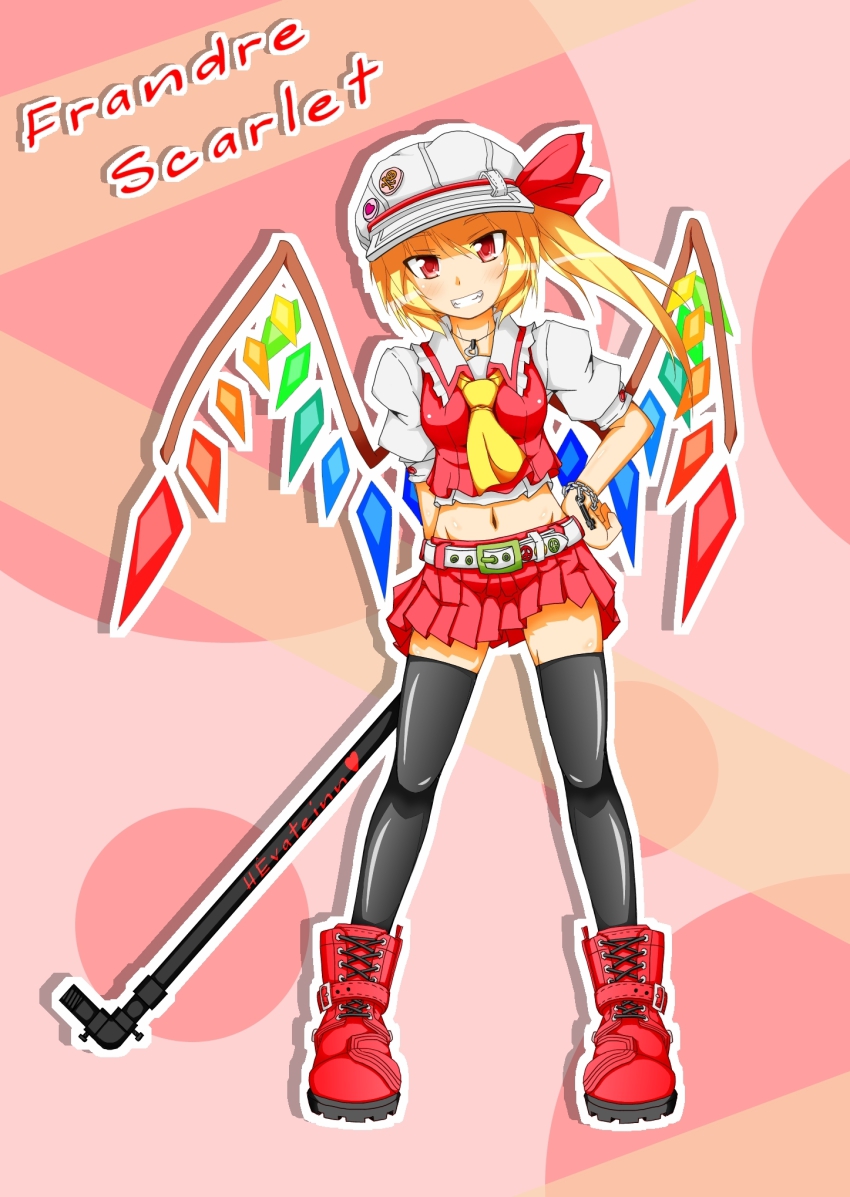 1girl, azikiwe, belt, black_thighhighs, blonde_hair, boots, character_name, embodiment_of_scarlet_devil, female_focus, flandre_scarlet, full_body, hat, highres, ponytail, ranguage, red_eyes, short_hair, side_ponytail, smile, solo, thighhighs, touhou, wings