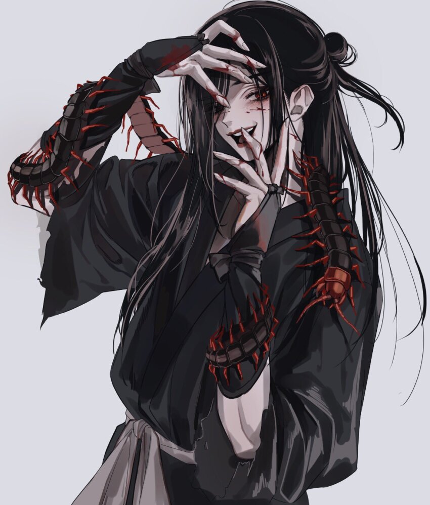 1other, black_hair, black_robe, blood, blood_on_face, blood_on_hands, blush, bridal_gauntlets