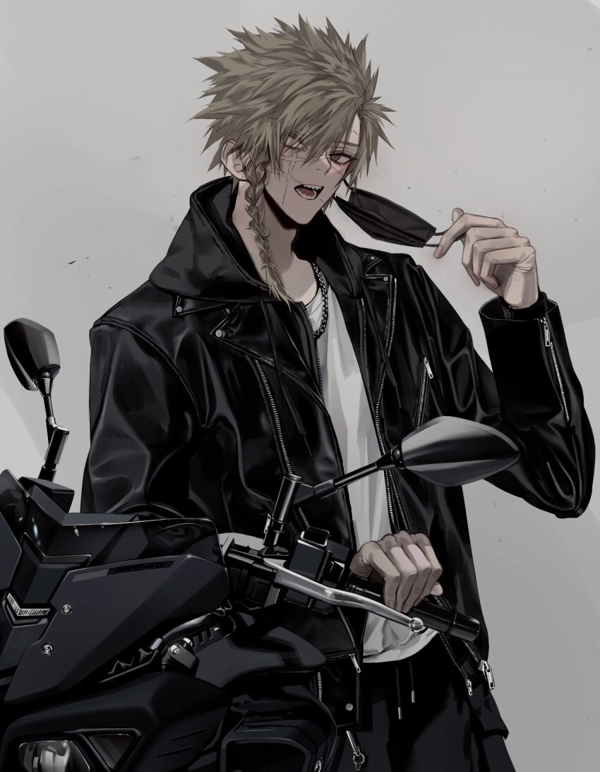 1boy, aza_choubei, black_jacket, blonde_hair, braid, cross_scar, highres, jacket