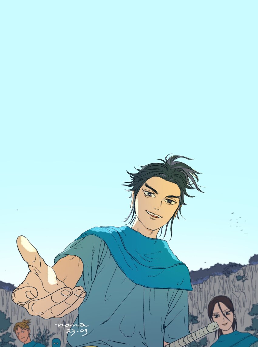 1girl, 2boys, artist_name, black_hair, blue_shirt, blue_sky, highres, kanki_(kingdom)