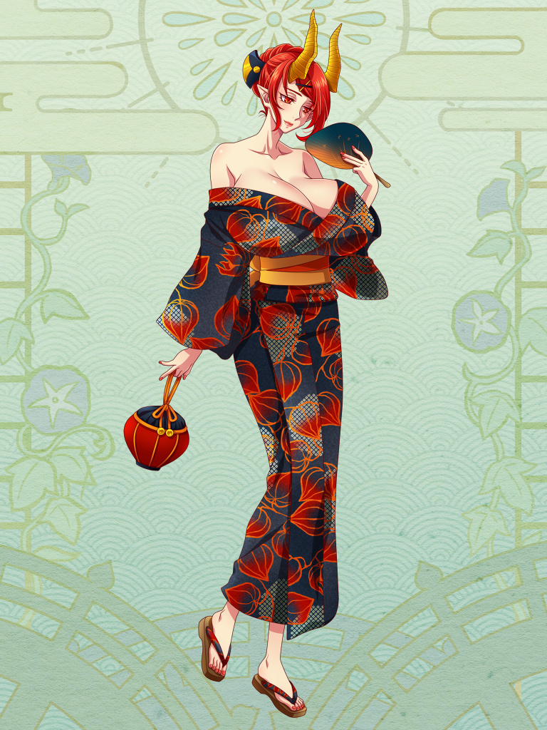 1girl, bag, bare_shoulders, breasts, cleavage, dairoku_ryouhei, dress, full_body, green_background, hair_ornament, hair_up, hairclip, hand_fan, handbag, holding, holding_fan, horns, huge_breasts, obi, off-shoulder_dress, off_shoulder, pointy_ears, raiden_ryuko, red_eyes, red_hair, red_nails, sachi_tuna, sandals, sash, short_hair, solo, standing, wide_sleeves, yellow_horns, zouri