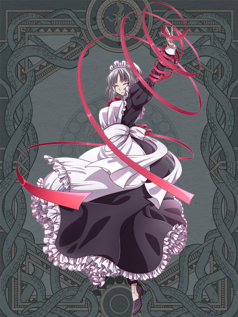 1girl, apron, arm_ribbon, arm_up, black_dress, black_footwear, closed_eyes, dairoku_ryouhei