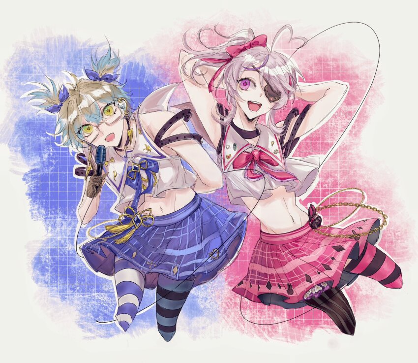 1boy, 1girl, :d, arm_strap, arms_behind_head, arms_up, asymmetrical_legwear, bare_shoulders