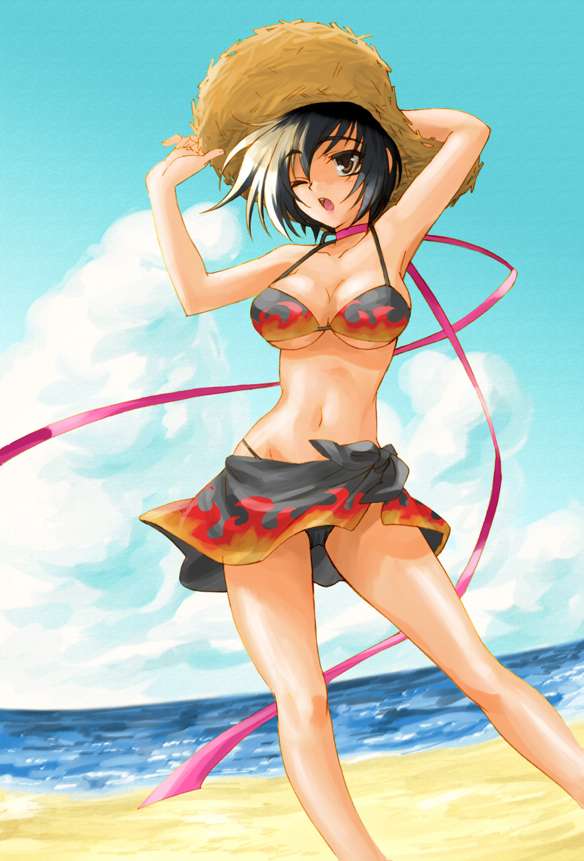 1girl, bad_id, bad_pixiv_id, beach, bikini, black_bikini, black_hair, breasts