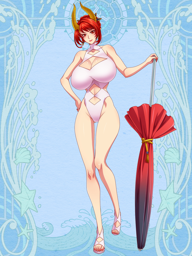 1girl, beach_umbrella, blue_background, cleavage_cutout, closed_umbrella, clothing_cutout, dairoku_ryouhei, full_body, hand_on_own_hip, horns, legs, long_legs, nail_polish, one-piece_swimsuit, raiden_ryuko, red_eyes, red_hair, sachi_tuna, sandals, short_hair, solo, standing, swimsuit, toenail_polish, toenails, toes, umbrella, white_one-piece_swimsuit, yellow_horns