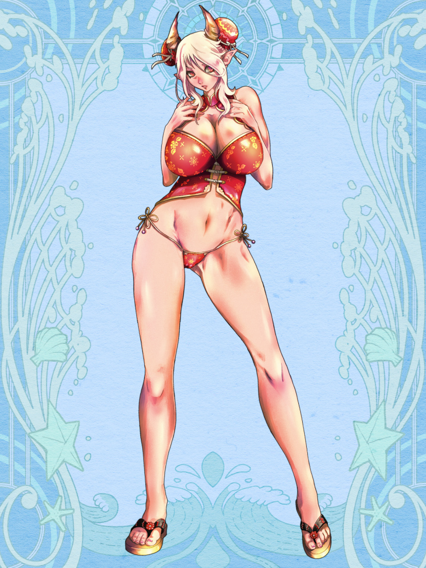 1girl, alternate_hair_color, bikini, blonde_hair, blue_background, breasts, bun_cover, dairoku_ryouhei, double_bun, feet, full_body, hair_between_eyes, hair_bun, hands_up, highres, horns, kamiya_jun, large_breasts, legs, long_legs, looking_at_viewer, navel, pointy_ears, raiden_ryuko, red_bikini, red_eyes, sandals, side-tie_bikini_bottom, standing, swimsuit, toenails, toes