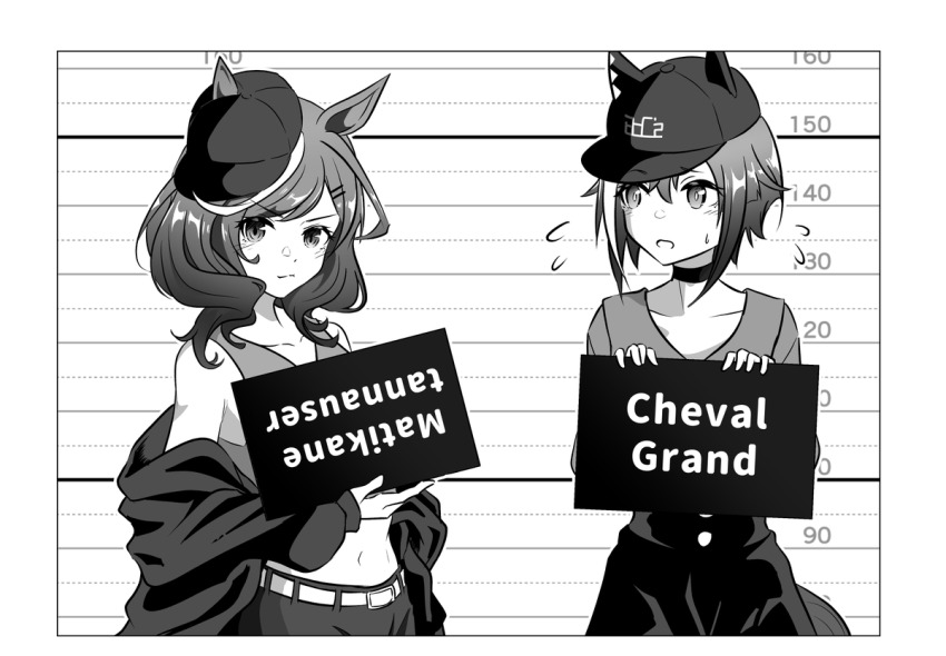 2girls, animal_ears, bare_shoulders, baseball_cap, belt, character_name, cheval_grand_(boc'z)_(umamusume), cheval_grand_(umamusume)