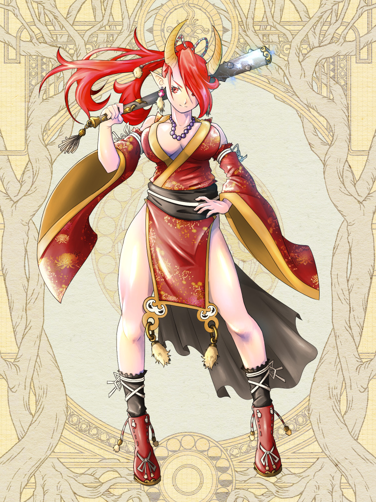 1girl, alternate_hair_length, alternate_hairstyle, bead_necklace, beads, black_socks, breasts, cleavage