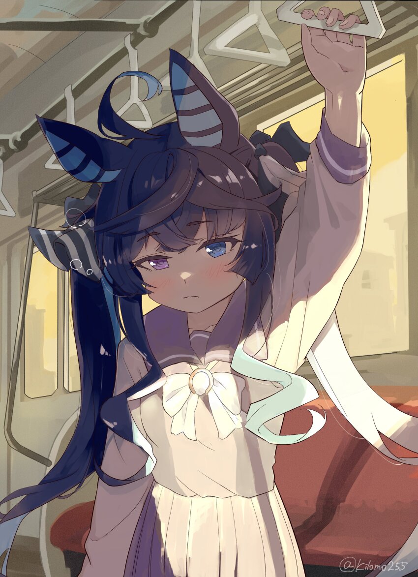1girl, @_@, absurdres, ahoge, animal_ears, arm_at_side, arm_up, blue_eyes
