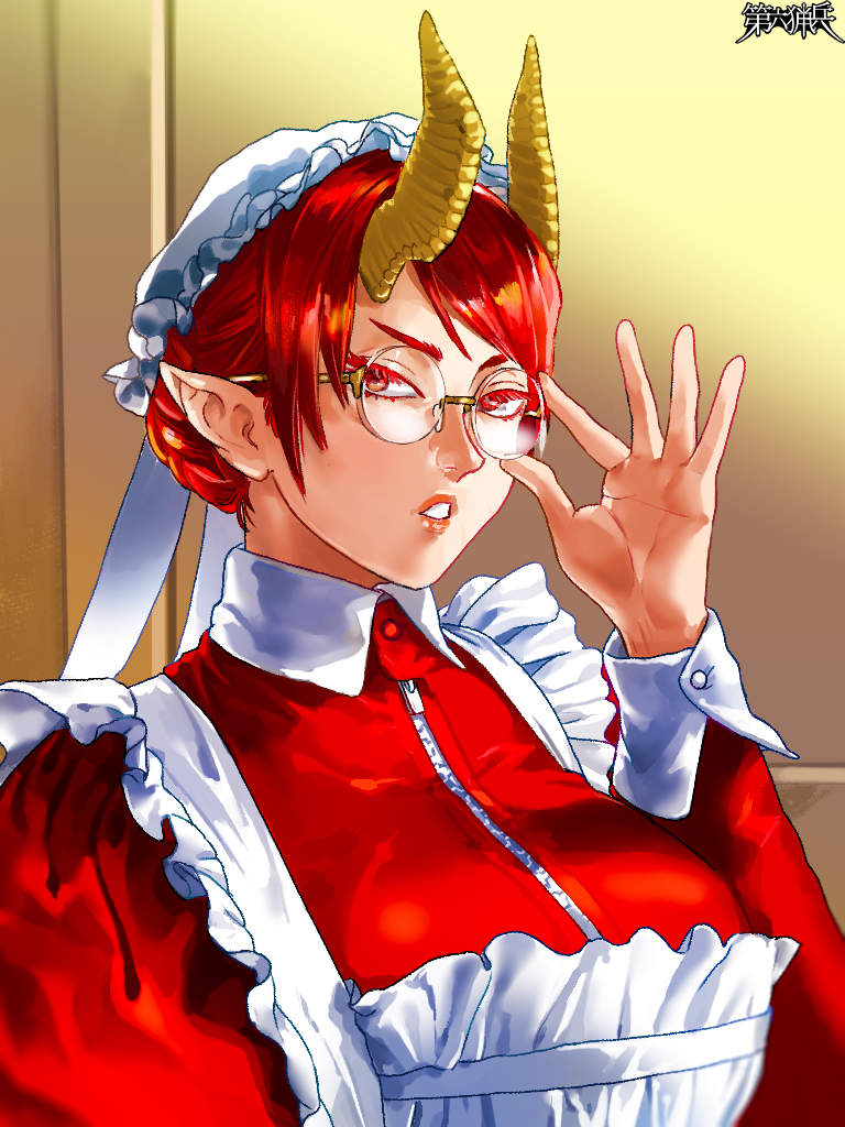 1girl, adjusting_eyewear, braid, copyright_name, dairoku_ryouhei, dress, hat, horns