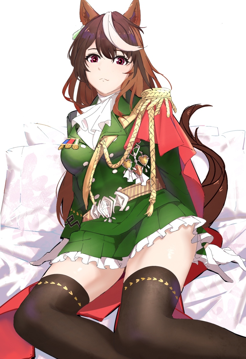 1girl, ascot, bed_sheet, belt, breasts, brown_hair, brown_thighhighs, buttons