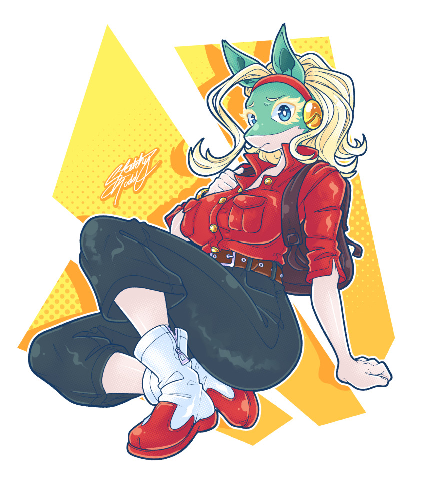 1girl, belt, black_pants, blonde_hair, blue_eyes, boku_no_hero_academia, breast_pocket, buttons, closed_mouth, colored_eyelashes, full_body, furry, furry_female, high-waist_pants, highres, ippan_josei, pants, pocket, red_shirt, shirt, shoes, short_sleeves, signature, sketchytodd, snout, solo