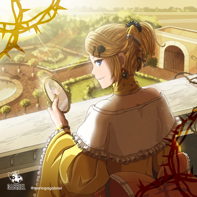 1boy, 1girl, aku_no_meshitsukai_(vocaloid), aku_no_musume_(vocaloid), allen_avadonia, artist_logo, back, balcony, bare_shoulders, black_flower, black_rose, bow, bracelet, choker, commentary, detached_collar, different_reflection, diffraction_spikes, dress, dress_bow, english_commentary, evillious_nendaiki, flower, fountain, four_mirrors_of_lucifenia, frilled_choker, frilled_sleeves, frills, garden, hair_bow, hair_ornament, hairclip, holding, holding_mirror, jewelry, kagamine_len, kagamine_rin, lens_flare, logo, long_sleeves, looking_at_viewer, looking_back, mario_gagabriel, mirror, off-shoulder_dress, off_shoulder, orange_bow, palace, palace_of_versailles, ponytail, reflection, riliane_lucifen_d'autriche, rose, shoulder_blades, sideways_glance, smile, solo_focus, thorns, twitter_username, updo, vessel_of_sin, vocaloid, wide_sleeves, yellow_bow, yellow_choker, yellow_dress, yellow_nails