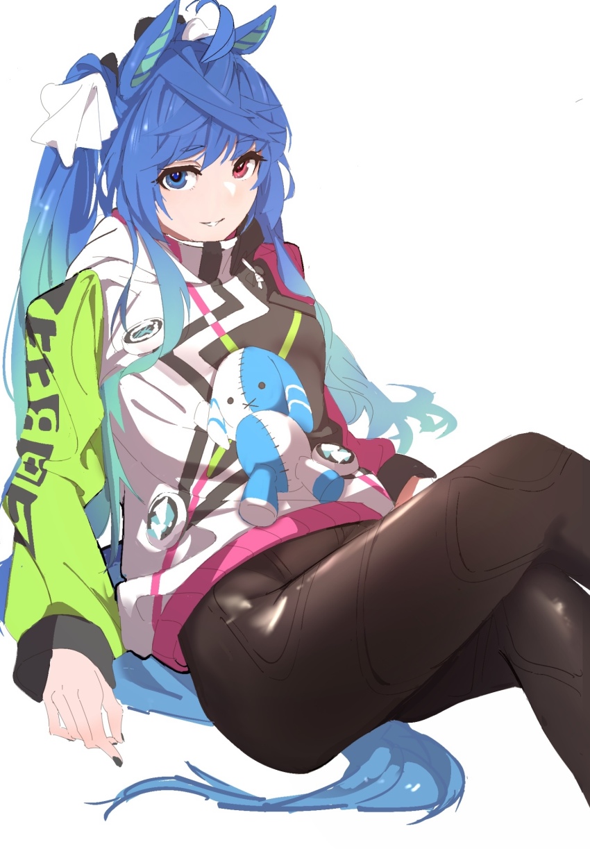 1girl, ahoge, animal_ears, blue_eyes, blue_hair, bodysuit, breasts, crossed_bangs