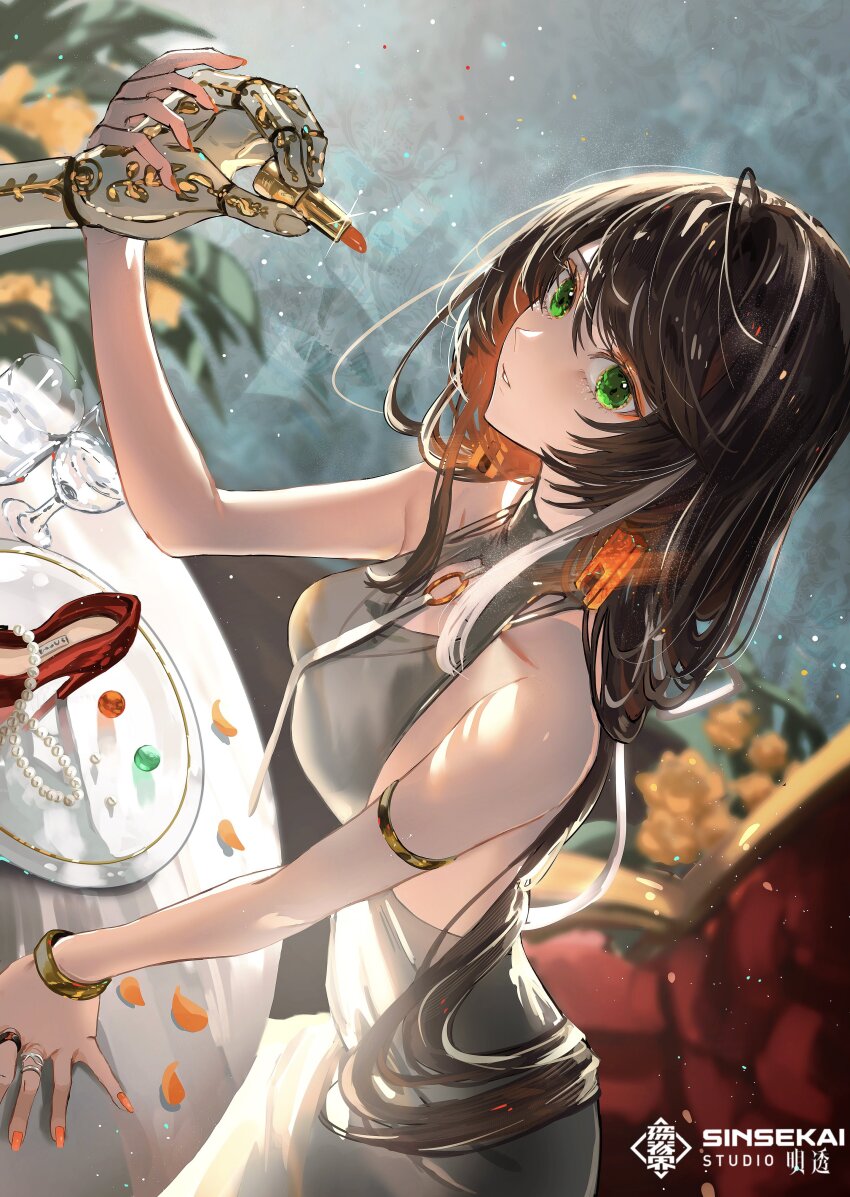 1girl, absurdres, asu_(sinsekai), bangle, blurry, bracelet, breasts, brown_hair