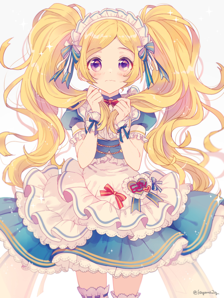 1girl, blonde_hair, blue_dress, blue_ribbon, blush, closed_mouth, dot_nose, dress
