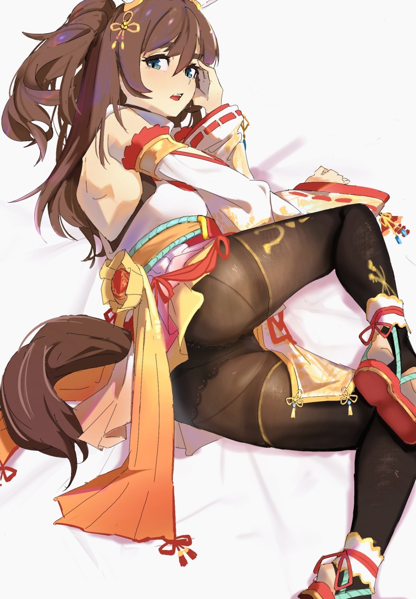 1girl, animal_ears, ass, brown_hair, brown_pantyhose, clothing_cutout, detached_sleeves, dress, green_eyes, hair_ornament, highres, horse_ears, horse_girl, horse_tail, inari_one_(fields_of_gold)_(umamusume), inari_one_(umamusume), long_hair, looking_at_viewer, looking_back, lying, on_side, open_mouth, panties, panties_under_pantyhose, pantyhose, sandals, short_dress, sleeveless, sleeveless_dress, solo, tail, tail_through_clothes, uki_kumo, umamusume, underwear, white_dress