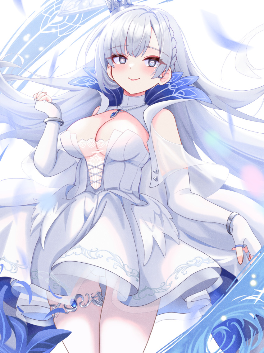 1girl, argus_(azur_lane), azur_lane, blue_gem, braid, breasts, closed_mouth, crown