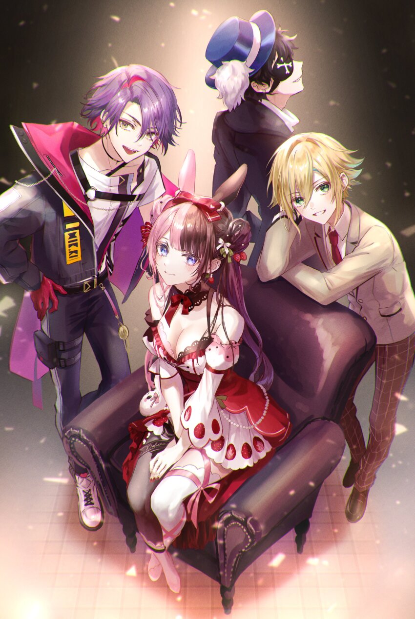 1girl, 3boys, absurdres, asymmetrical_legwear, bare_shoulders, belt, between_legs, black_choker