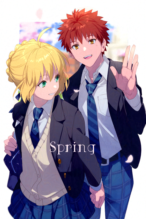 ahoge, artoria_pendragon_(fate), bag, black_jacket, blonde_hair, blue_pants, blue_skirt, braid, braided_bun, brown_sweater_vest, collared_shirt, cowboy_shot, echo_(circa), emiya_shirou, english_text, fate_(series), green_eyes, grin, hair_bun, holding, holding_bag, holding_hands, jacket, long_sleeves, looking_at_another, mandricardo_(bloom_in_spring)_(fate), mandricardo_(fate), necktie, open_mouth, orange_eyes, pants, pleated_skirt, red_hair, saber_(bloom_in_spring)_(fate), saber_(fate), school, school_bag, school_uniform, shirt, skirt, smile, spiked_hair, spring_(season), standing, striped_clothes, striped_necktie, sweater_vest, waving, white_shirt