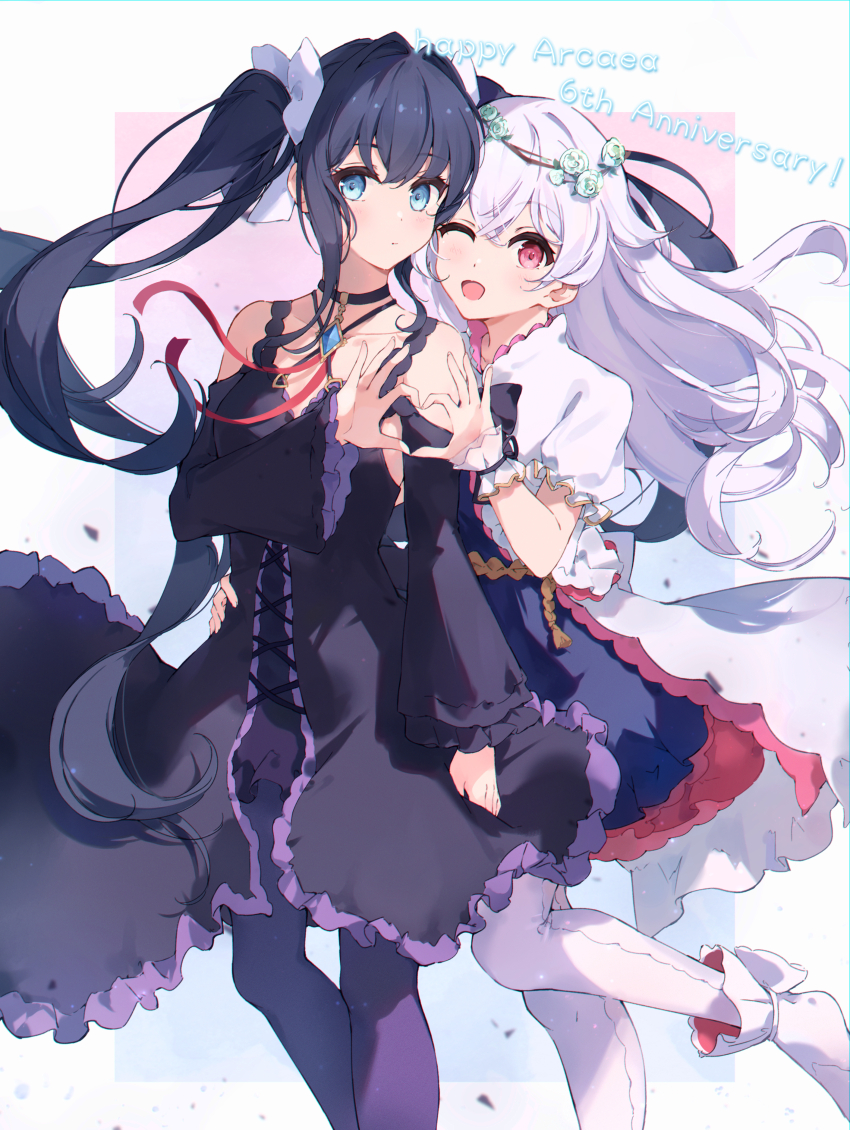 2girls, absurdres, anniversary, arcaea, bai-hyacinth, bare_shoulders, behind_another, black_choker