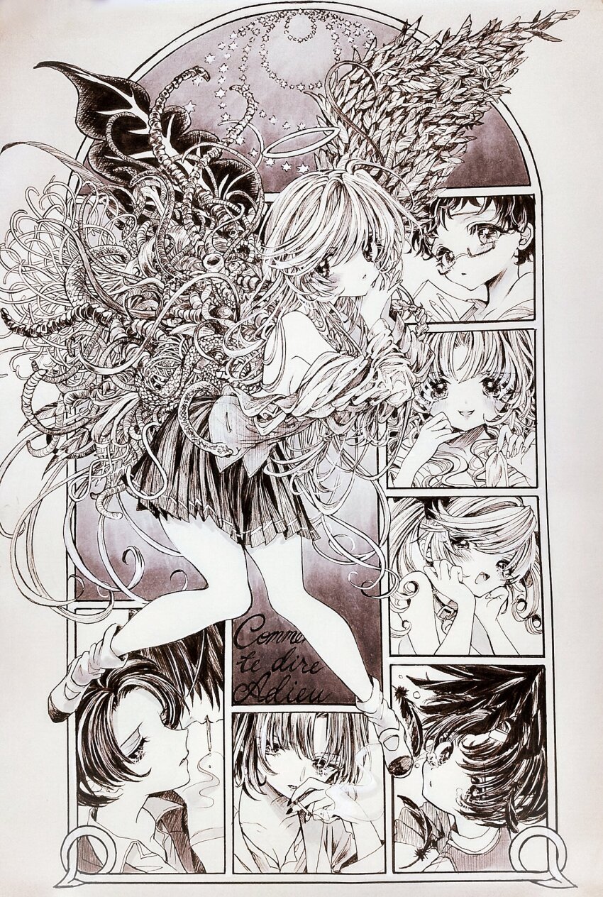 6+girls, angel, angel_wings, art_nouveau, asymmetrical_wings, aya_carmine, bare_shoulders, blush