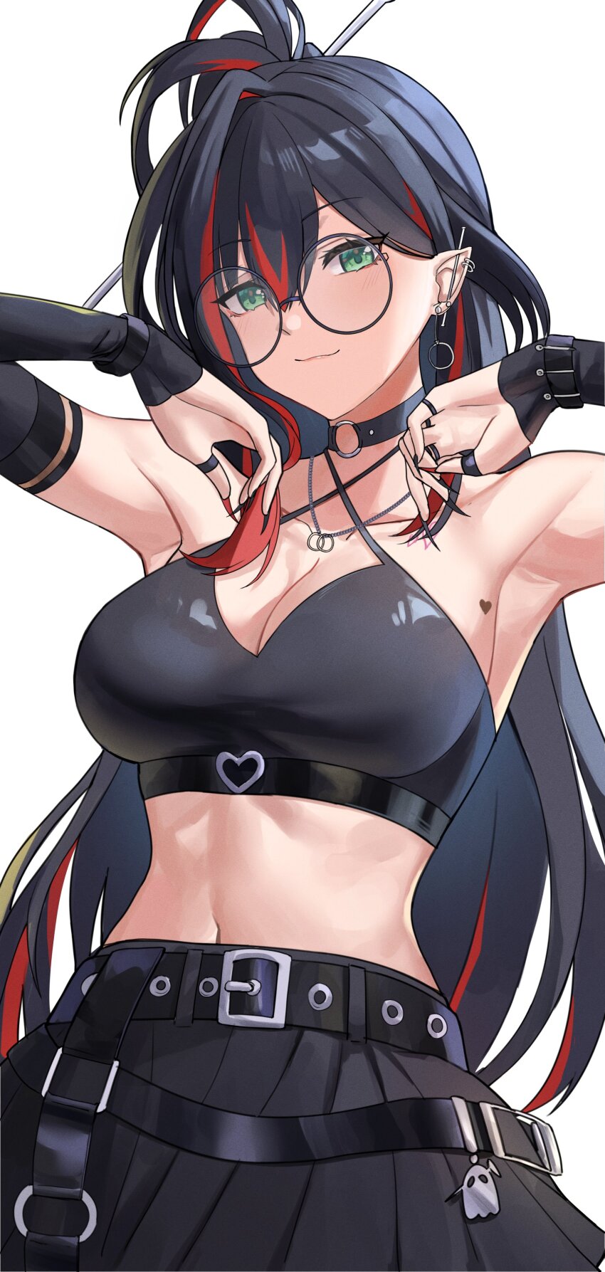 1girl, :3, absurdres, armpits, arms_up, bare_shoulders, belt, black_choker, black_hair, black_nails, black_shirt, black_skirt, breasts, choker, cleavage, collarbone, criss-cross_halter, crop_top, detached_sleeves, dobure18, ear_piercing, earrings, fingernails, glasses, green_eyes, halterneck, heart, highres, jewelry, large_breasts, long_hair, long_sleeves, looking_at_viewer, midriff, mika_melatika, mika_melatika_(2nd_costume), multicolored_hair, multiple_rings, nail_polish, navel, necklace, nijisanji, nijisanji_id, one_side_up, piercing, pleated_skirt, pointy_ears, ring, round_eyewear, sharp_fingernails, shirt, simple_background, skirt, sleeveless, sleeveless_shirt, smile, solo, spaghetti_strap, streaked_hair, virtual_youtuber, white_background