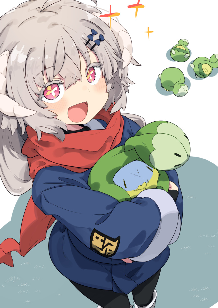 +_+, 1girl, :d, ahoge, akari_(pokemon), akari_(pokemon)_(cosplay), animal, animal_hug, blush, budew, commentary_request, cosplay, from_above, galaxy_expedition_team_survey_corps_uniform, gen_4_pokemon, grey_hair, hanasaki_ayame, highres, horns, kuusou_code_plus, long_hair, long_sleeves, nintendo, open_mouth, pokemon, pokemon_legends:_arceus, red_eyes, scarf, smile, strangling, totomono, virtual_youtuber, white_background