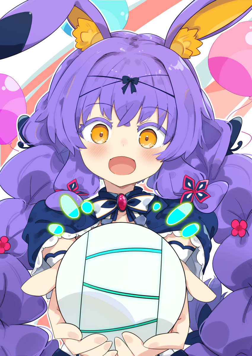 1girl, :d, animal_ear_fluff, animal_ears, ball, balloon, blush, brooch, commentary_request, highres, hoshikawa_tefu_(vtuber), jewelry, kuusou_code_plus, long_hair, looking_at_viewer, open_mouth, purple_hair, rabbit_ears, rabbit_girl, smile, solo, totomono, upper_body, virtual_youtuber, yellow_eyes