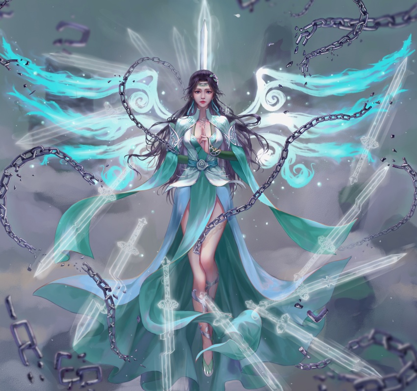 1girl, absurdres, arm_behind_back, bare_legs, black_hair, broken, broken_chain, chain, chest_cutout, chun_yi_xin, closed_mouth, cloud, detached_wings, doupo_cangqiong, energy_sword, floating, floating_sword, full_body, hair_ornament, half-closed_eyes, high_heels, highres, index_fingers_together, long_hair, long_sleeves, second-party_source, solo, sword, weapon, wings, yun_yun_(doupo_cangqiong)
