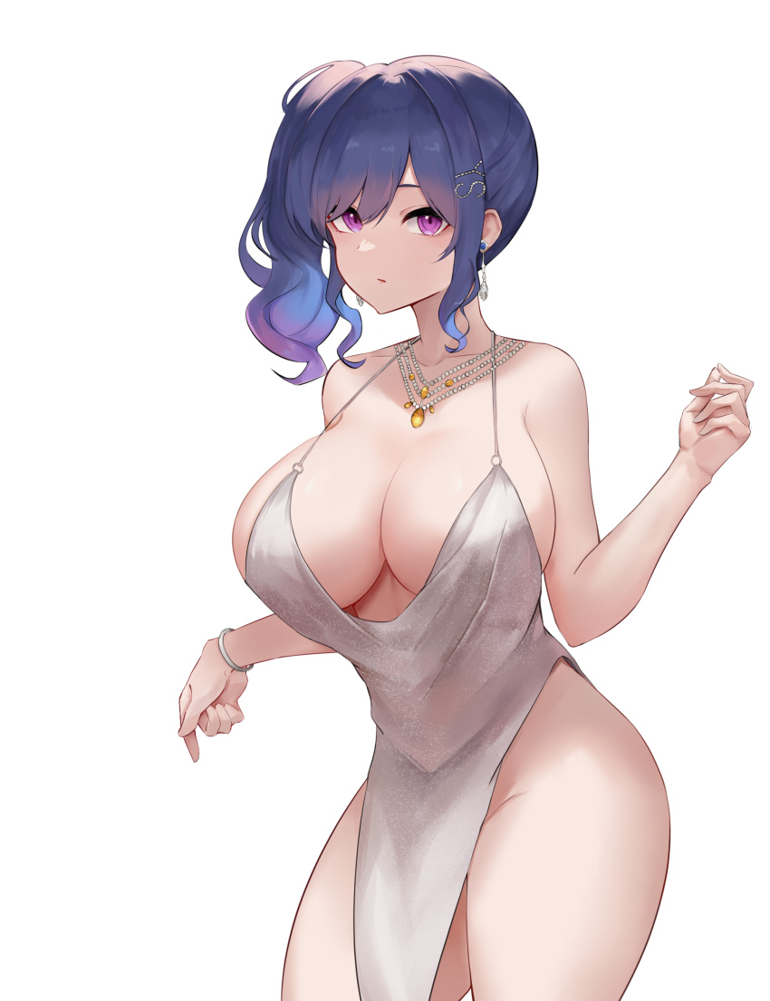 1girl, absurdres, azur_lane, blue_hair, bracelet, breasts, cleavage, cowboy_shot, dress, evening_gown, hair_ornament, highres, jewelry, large_breasts, necklace, obniermarbiss, official_alternate_costume, pelvic_curtain, purple_eyes, revealing_clothes, side_ponytail, simple_background, st._louis_(azur_lane), st._louis_(luxurious_wheels)_(azur_lane), white_background