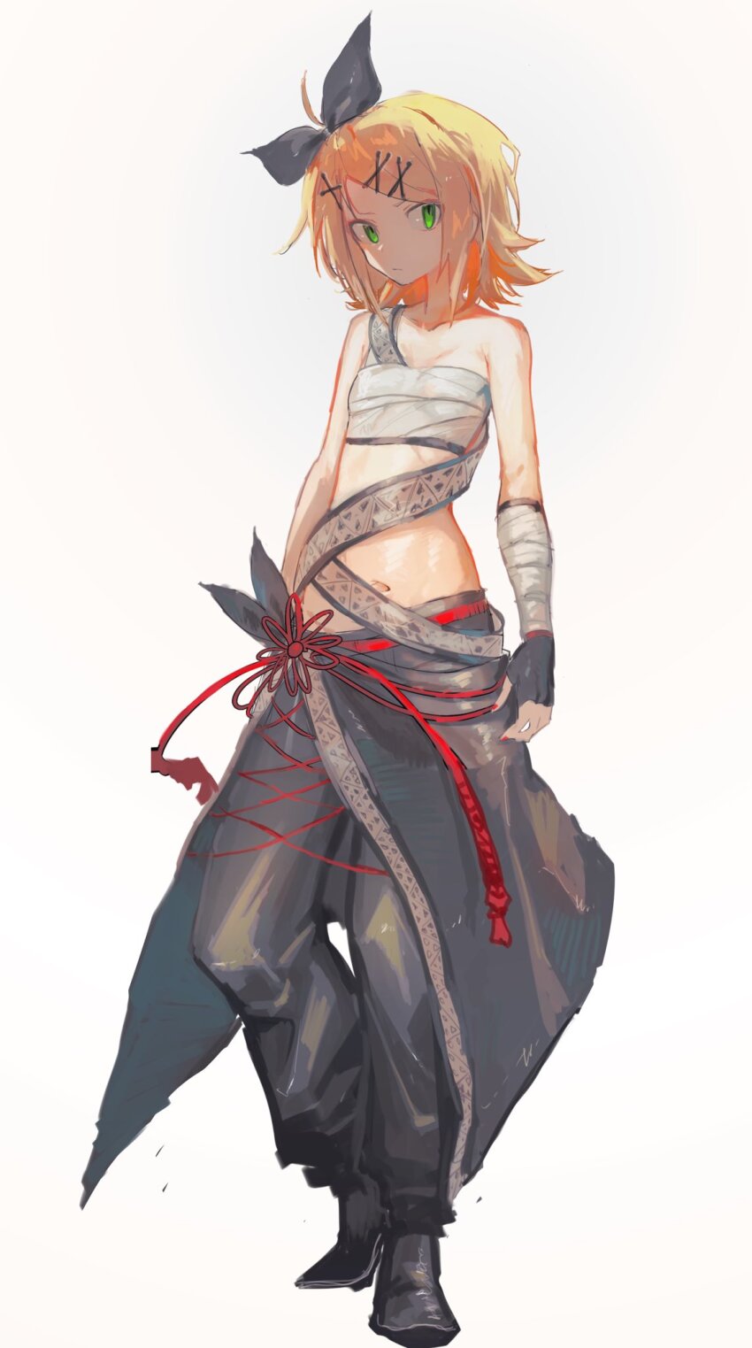 1girl, asymmetrical_clothes, bandaged_arm, bandages, bare_arms, bare_shoulders, black_bow, black_gloves