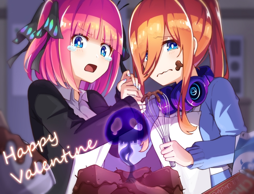 2girls, apron, bad_food, black_jacket, black_ribbon, blue_eyes, blue_nails, blue_sweater, blunt_bangs, blurry, blurry_background, breasts, bright_pupils, brown_hair, butterfly_hair_ornament, chocolate, chocolate_on_face, collared_shirt, commentary, depth_of_field, floating_skull, food, food_on_face, frown, glowing_smoke, go-toubun_no_hanayome, hair_ornament, hair_over_one_eye, hair_ribbon, hand_up, happy_valentine, headphones, headphones_around_neck, holding_hands, hyoe_(hachiechi), indoors, jacket, large_breasts, light_blush, long_hair, long_sleeves, looking_at_food, medium_hair, multiple_girls, nail_polish, nakano_miku, nakano_nino, open_mouth, ponytail, ribbon, scared, shirt, siblings, sidelocks, sisters, sleeves_past_wrists, straight_hair, sweater, tearing_up, tears, twins, two_side_up, upper_body, v-shaped_eyebrows, valentine, wavy_mouth, white_apron, white_pupils, white_shirt, wide-eyed