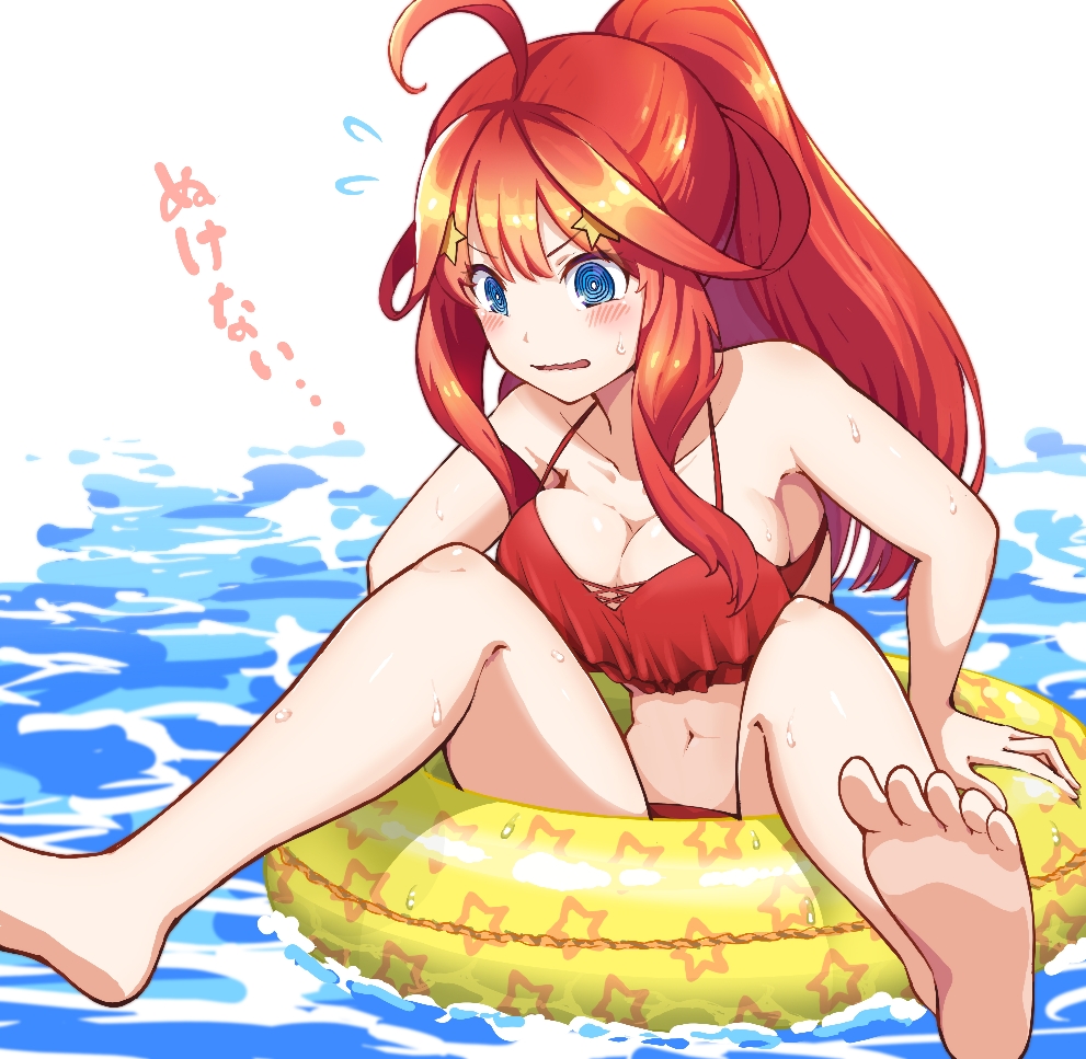 1girl, @_@, aged_down, arm_support, bare_arms, bare_legs, barefoot, bikini