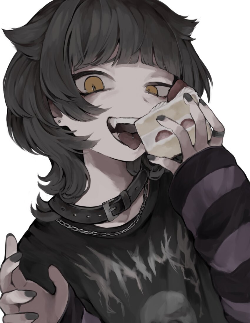 1girl, belt, belt_collar, black_belt, black_hair, black_nails, cake, cake_slice