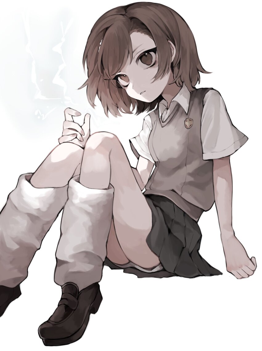 1girl, black_skirt, brown_eyes, brown_hair, brown_shoes, brown_sweater_vest, collared_shirt, electricity