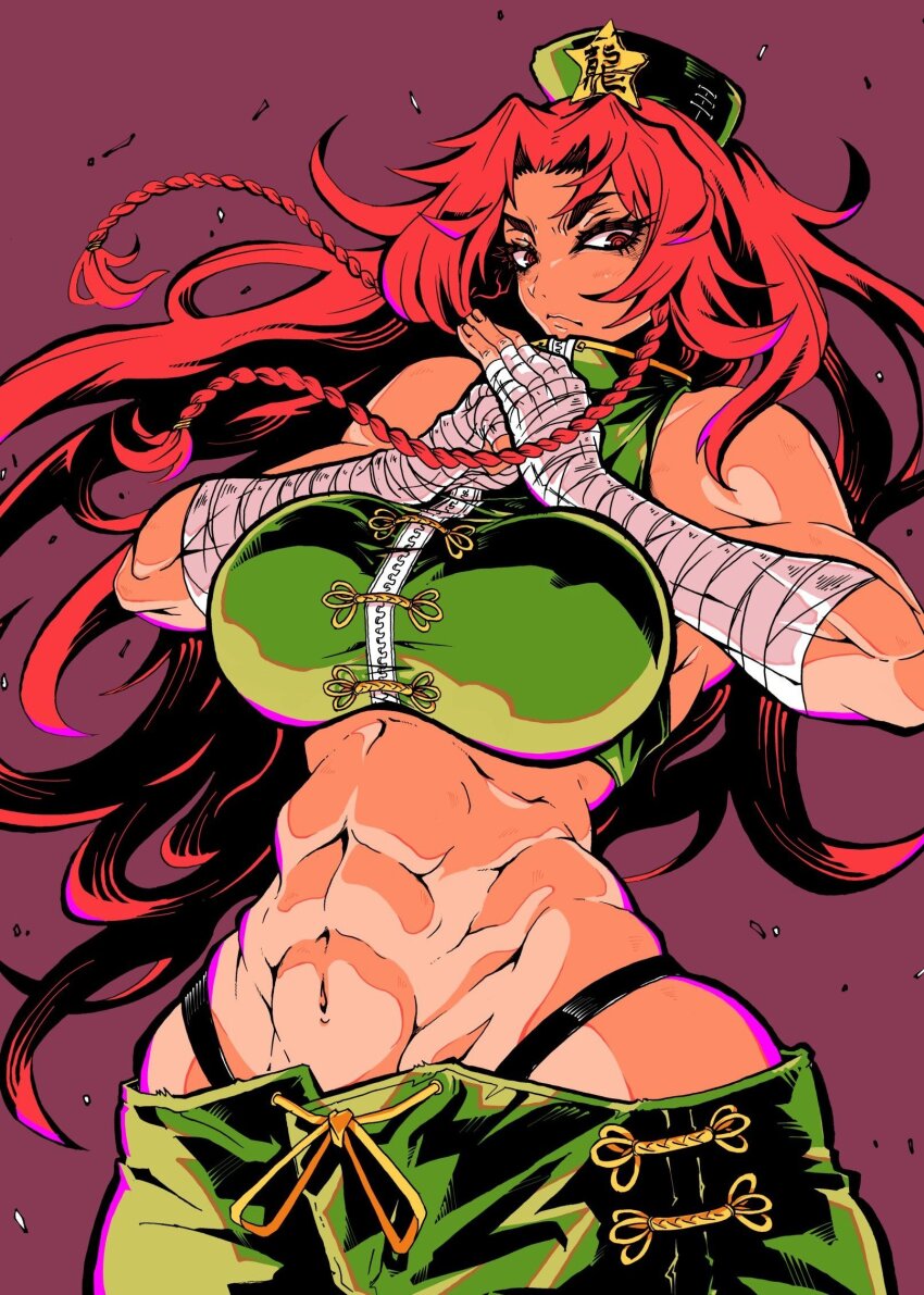 1girl, adapted_costume, bandaged_arm, bandages, black_panties, braid, breasts, chinese_clothes