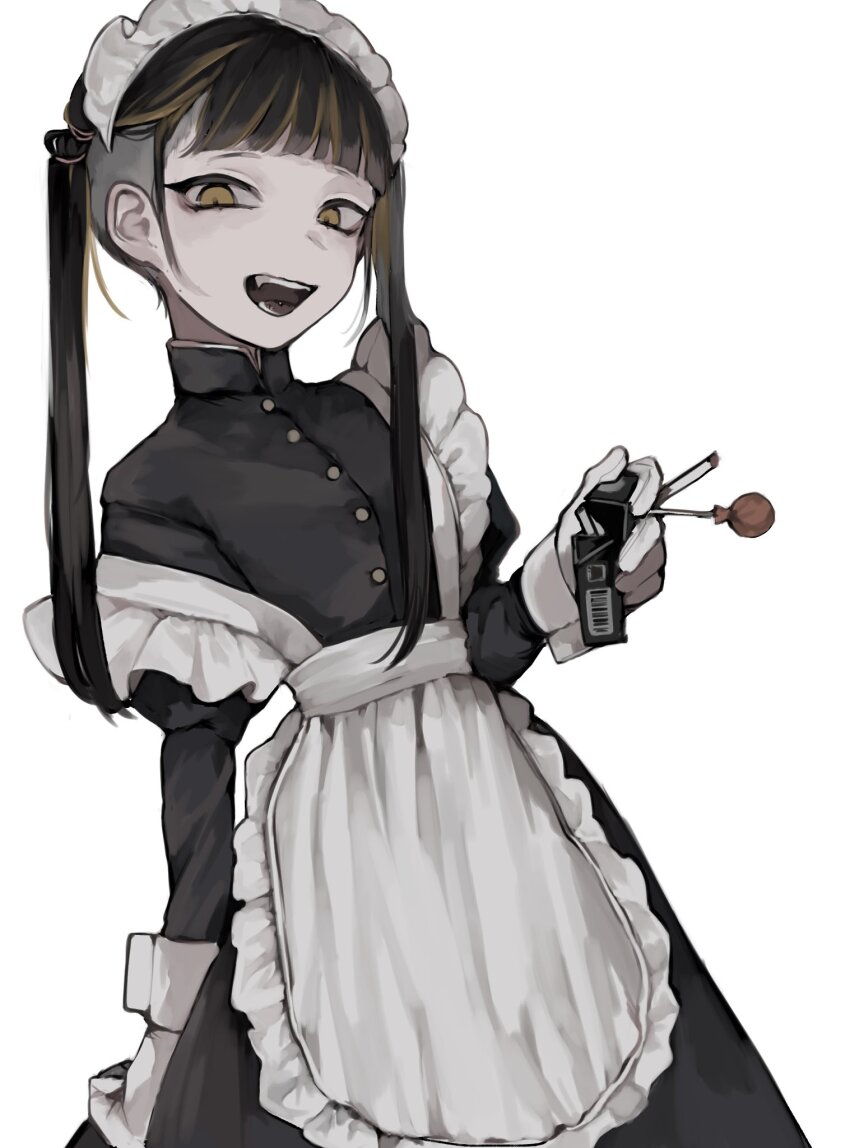 1girl, :d, apron, black_dress, black_hair, blunt_bangs, candy, cigarette, cigarette_pack, dress, fang, food, frilled_apron, frills, gloves, highres, holding, holding_candy, holding_cigarette, holding_food, holding_lollipop, juliet_sleeves, lollipop, long_sleeves, looking_at_viewer, maid, maid_apron, maid_headdress, manuka_x_x, multicolored_hair, open_mouth, original, puffy_sleeves, simple_background, sleeve_cuffs, smile, solo, strap_slip, streaked_hair, twintails, white_apron, white_background, white_gloves, yellow_eyes