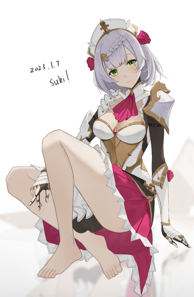 1girl, armor, ascot, barefoot, blunt_bangs, breasts, cleavage, closed_mouth