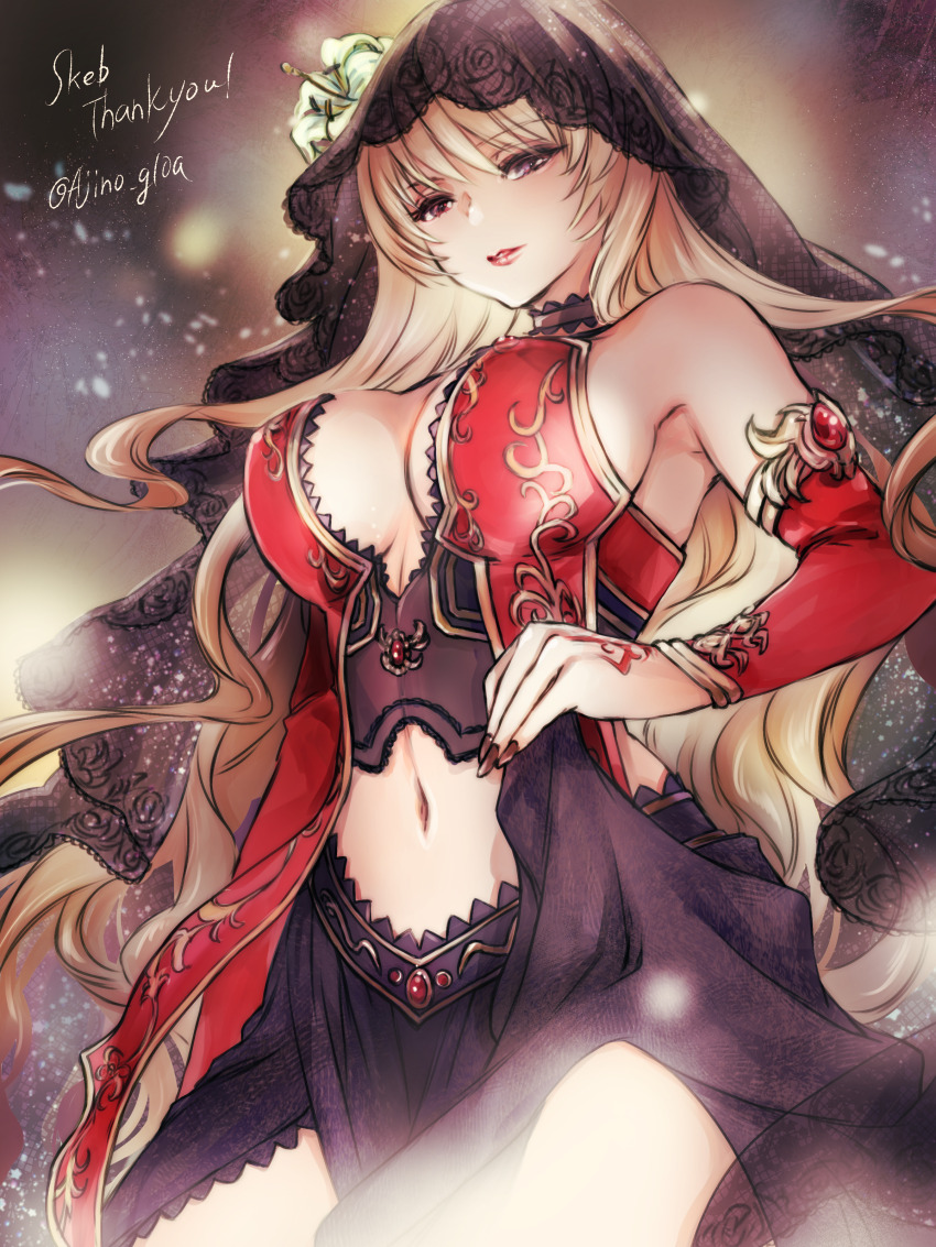 1girl, absurdres, arm_warmers, bad_source, black_veil, blonde_hair, breasts, center_opening, closed_mouth, collar, commission, commissioner_upload, detached_collar, fina_(ffbe), final_fantasy, final_fantasy_brave_exvius, flower, frilled_collar, frills, hair_flower, hair_ornament, hand_on_own_hip, hand_tattoo, highres, hoshimaru_(ajino), large_breasts, long_hair, majin_fina, mature_female, navel, red_eyes, skeb_commission, solo, tattoo, upper_body, veil
