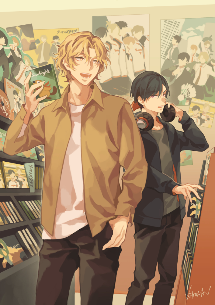 2boys, black_hair, black_jacket, black_pants, blonde_hair, brown_jacket, cd_case, commentary
