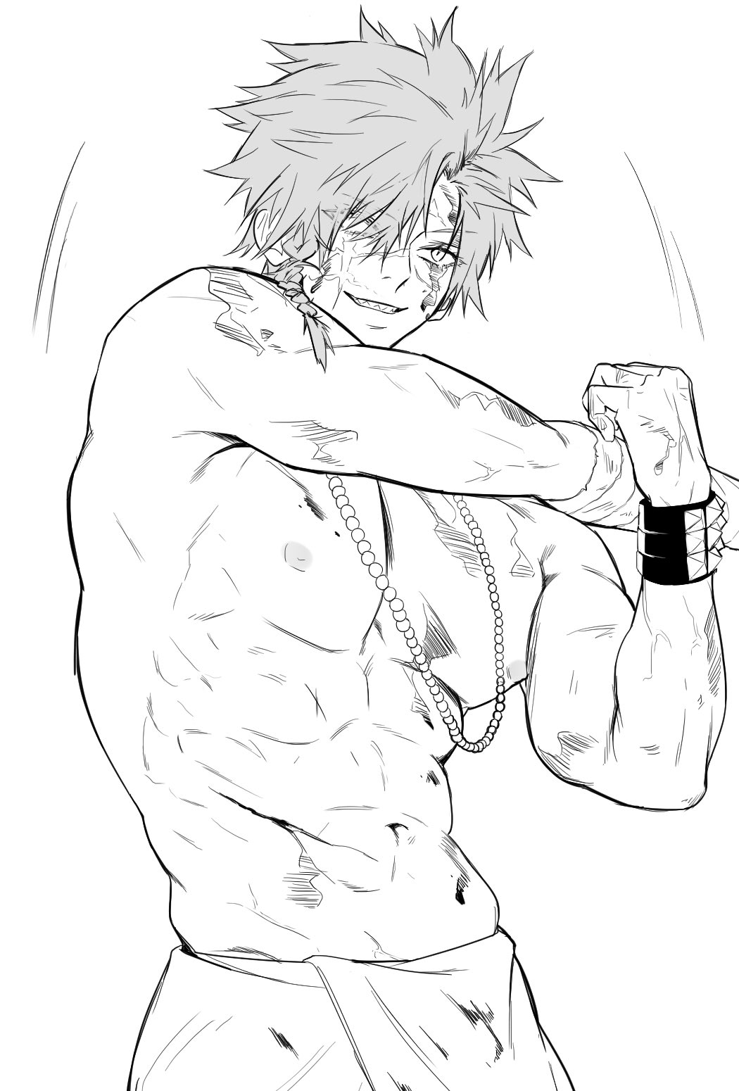 1boy, abs, aza_choubei, bandaged_arm, bandages, bead_necklace, beads, blank_eyes, bracelet, braid, dirty, greyscale, hair_over_shoulder, highres, injury, jewelry, jigokuraku, looking_at_viewer, male_focus, mono1010101, monochrome, muscular, muscular_male, necklace, parted_lips, scar, scar_across_eye, scar_on_face, sharp_teeth, short_hair, side_braid, simple_background, smile, solo, spiked_bracelet, spiked_hair, spikes, stretching, teeth, topless_male, white_background