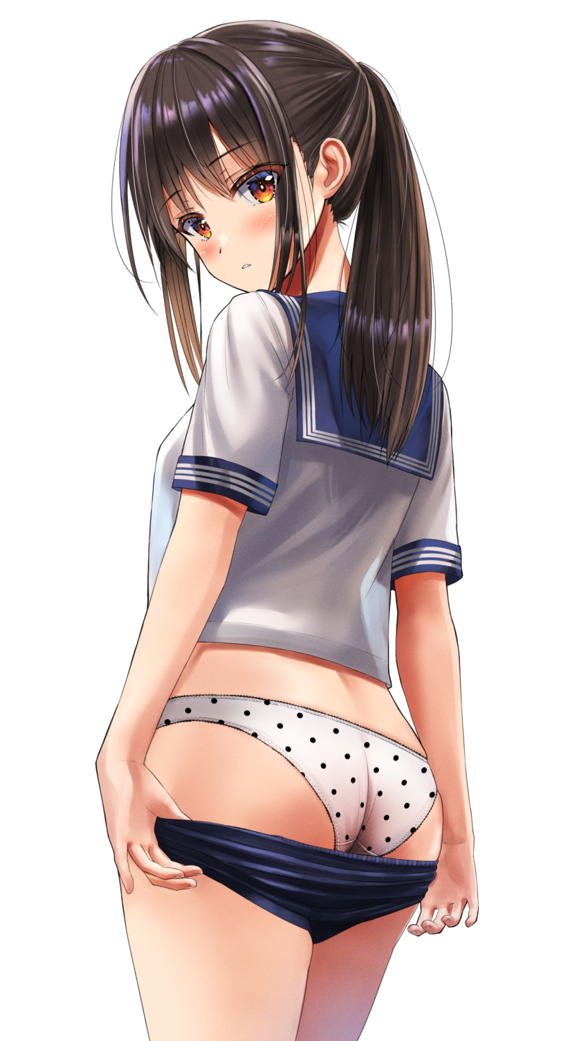 1girl, absurdres, ass, black_hair, blue_buruma, blue_sailor_collar, blush, brown_eyes