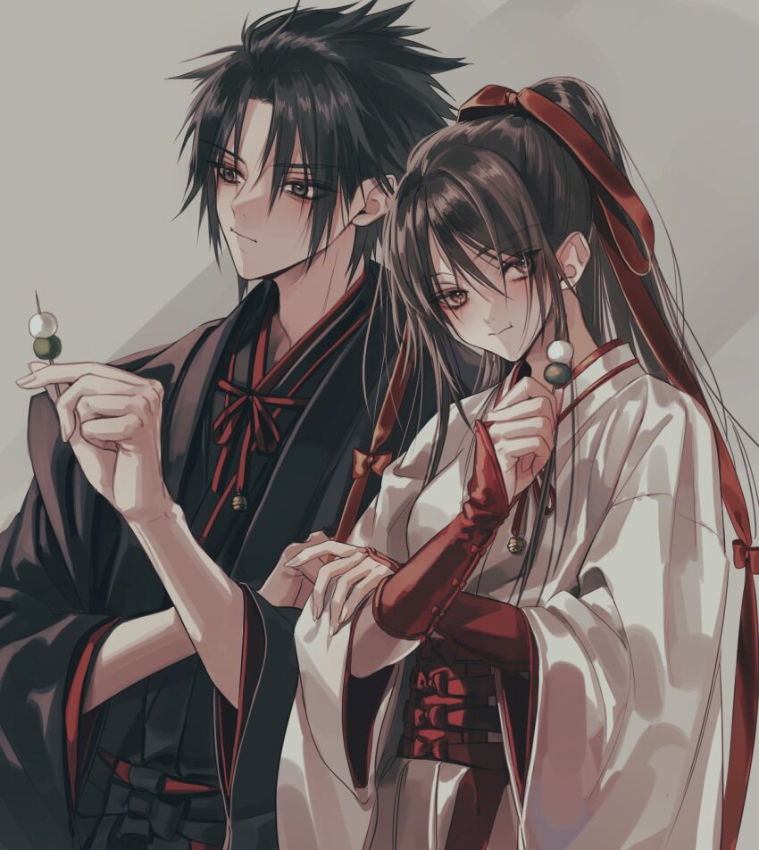 1boy, 1girl, black_hair, black_robe, blonde_hair, bow, bridal_gauntlets, commentary