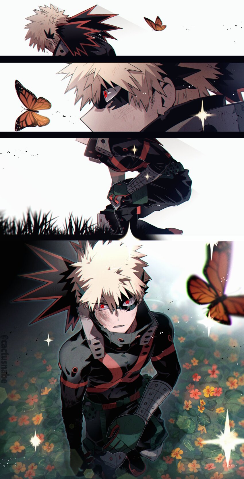 1boy, 4koma, absurdres, arm_at_side, awestruck, baggy_pants, bakugou_katsuki, belt