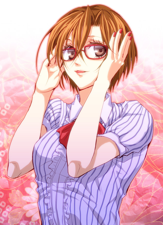 1girl, brown_eyes, brown_hair, female_focus, glasses, meiko_(vocaloid), nail_polish, norihe
